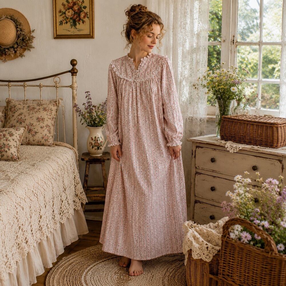 Lanz of Salzburg S Floral Stripe Nightgown Cotton Lace Trim Prairie Cottagecore